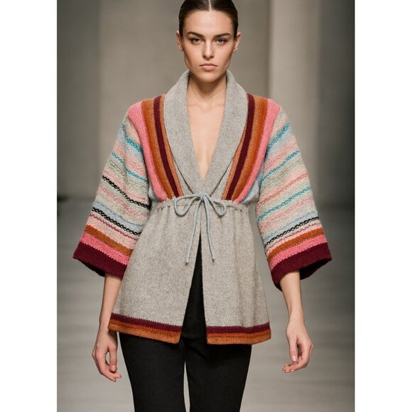 Vtg Y2k Free People Cardigan Sweater S Stripe Pink Red Turquoise Kimono Open - Picture 1 of 10